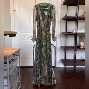 NWT Isabel Lu Printed Silk Maxi Wrap Dress XS Long Sleeve